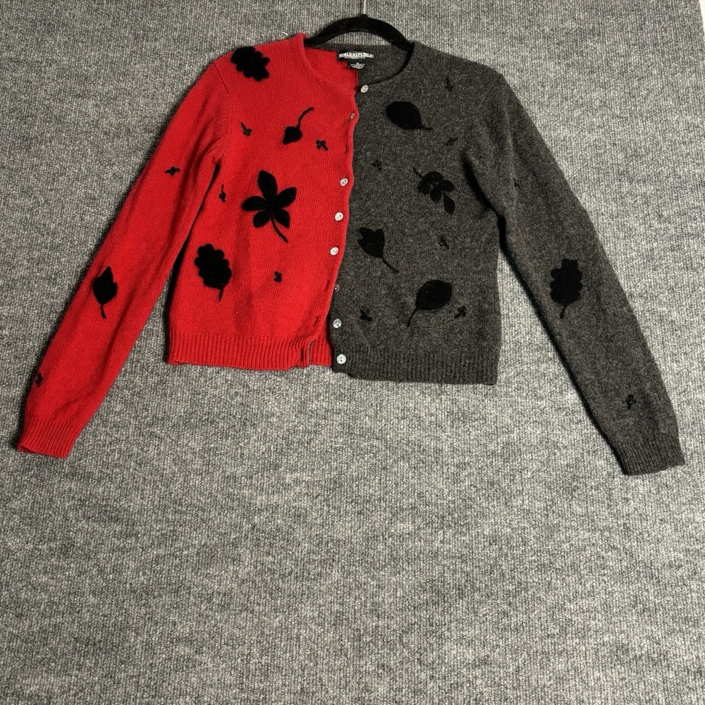 World Republic Lambswool Cardigan Red Grey Colorblock Leaf Sequin XL